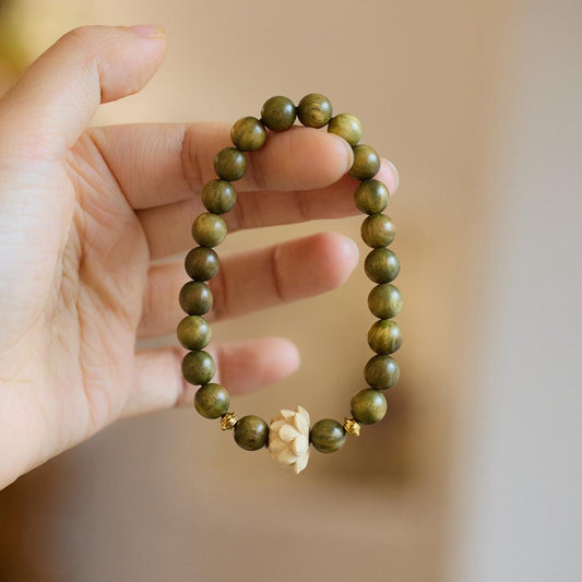 Original Green Sandalwood Bracelet for Female Students, Soft on Fingers, Men's Cultural Play, Buddhist Beads, Sandalwood, Lotus Flower Bracelet, Peripheral Accessories