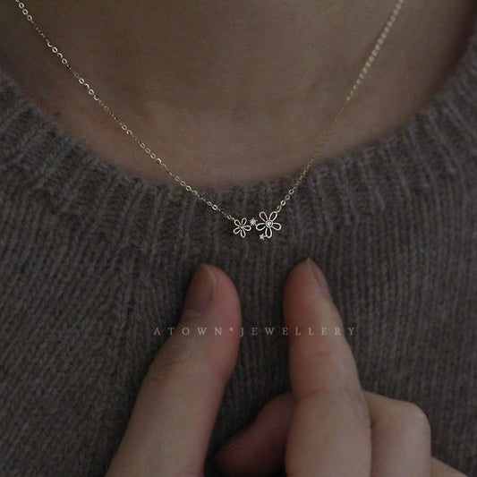 S925 Sterling Silver 14K Gold Plated Necklace Two Small Flowers Girl Japanese and Korean Simple Elegant Everyday Versatile Collarbone Chain for Women