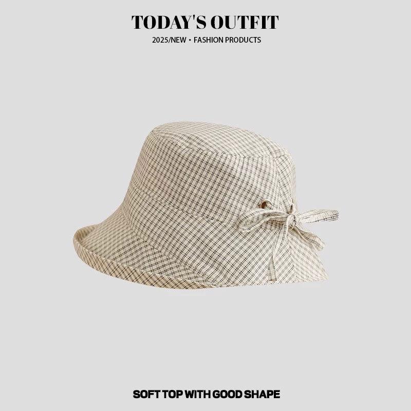 Sweet Navy Blue Plaid Fisherman Hat for Women, New Summer Wide Brim Sunshade Sun Protection Bucket Hat