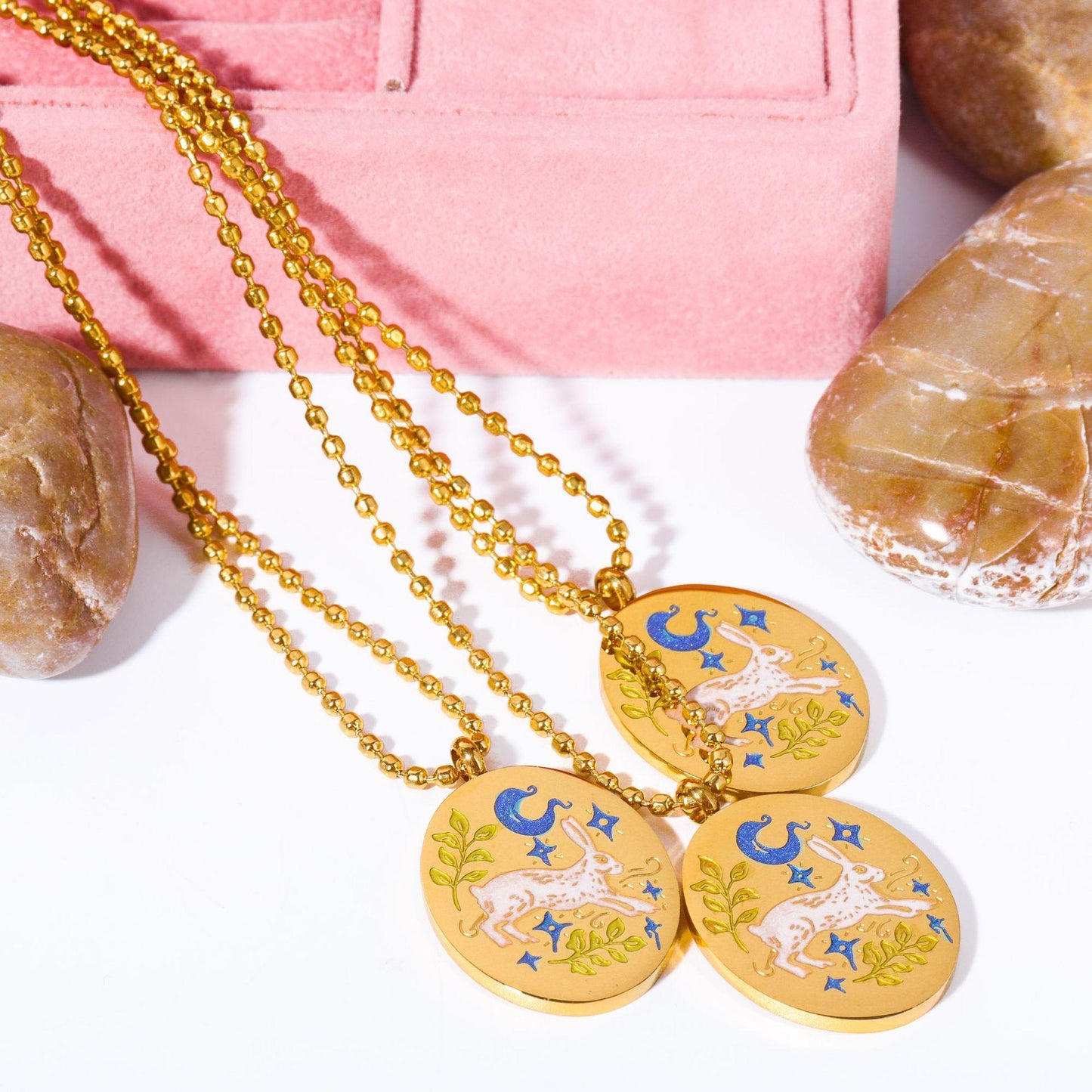 Titanium Steel New Hand-Painted Oil-Drip Rabbit Element Pet Oval Tarot Card Necklace Color-Retaining 18K Gold Plating