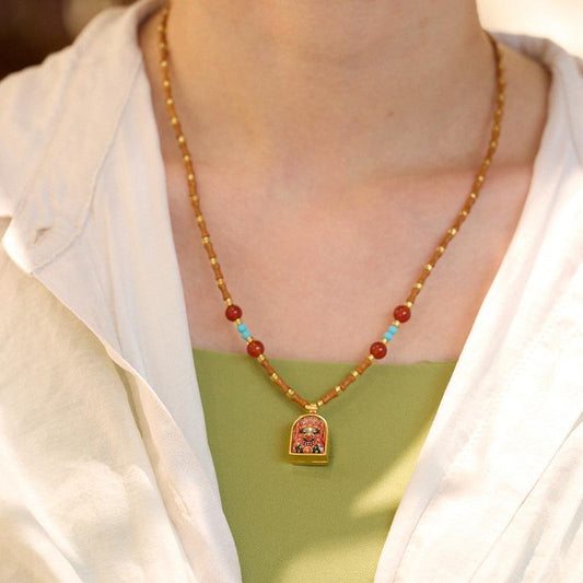 New Chinese Style Olive Stone Bamboo Knot Braided Necklace for Women with Zakiram Thangka Pendant and Gawu Box, Elegant and Versatile Necklace