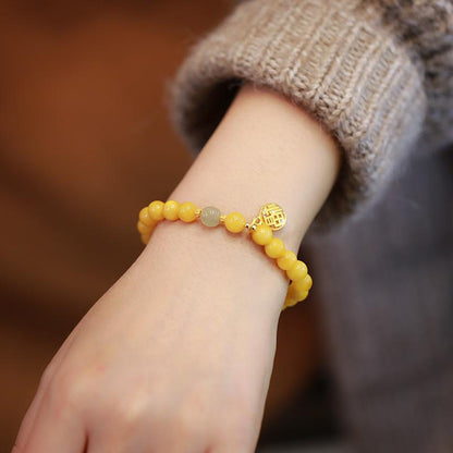 Natural Chicken Fat Yellow Beeswax Buddha Beads Bracelet for Women Amber Hetian Jade Single Circle Bracelet Retro Chinese Style Design
