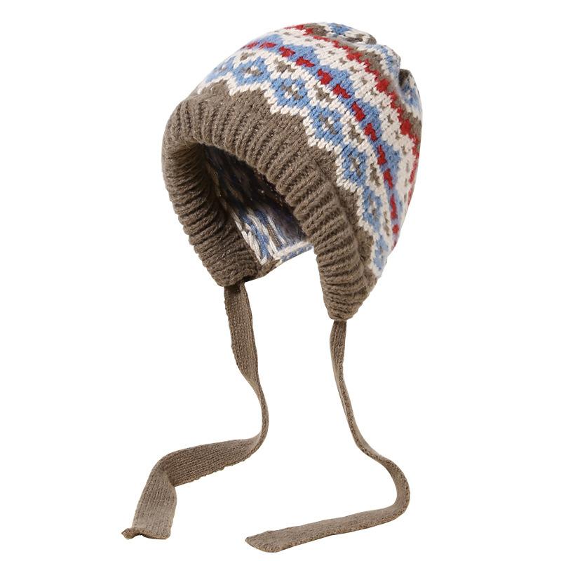 Korean Style Hat for Women Winter Knitted Drawstring Slouchy Beanie Fair Isle Style Retro Versatile Wool Hat for Women
