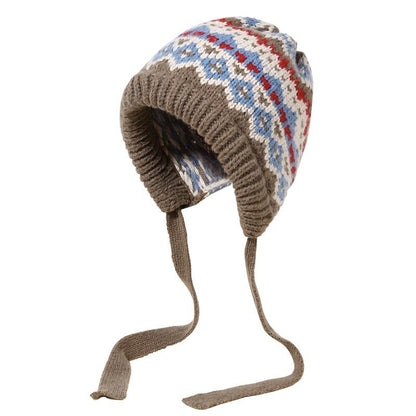 Korean Style Hat for Women Winter Knitted Drawstring Slouchy Beanie Fair Isle Style Retro Versatile Wool Hat for Women