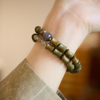 Natural Green Sandalwood Bamboo Knot Bracelet, Smoky Purple Hetian Jade Nine Purple Fire Luck Bracelet, High-end Jade Bracelet
