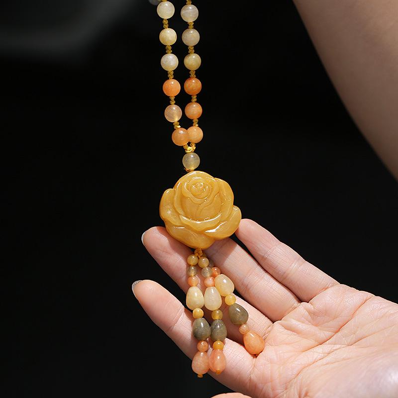 Qipao Beautifully Paired with Xinjiang Gold Silk Jade Sweater Chain Necklace Rose Blossom Prosperity Women's Clothing Hanging Chain Accessories Ethnic Style