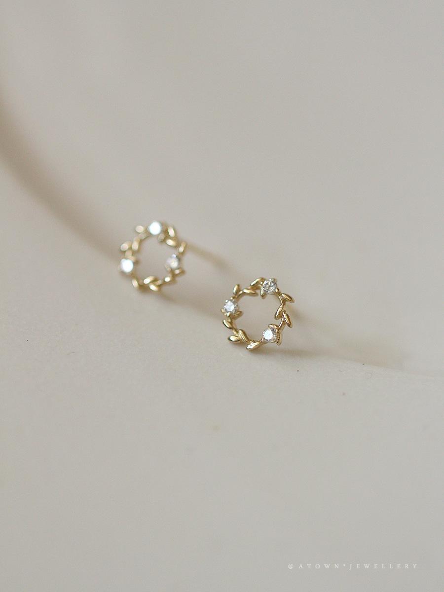 S925 Sterling Silver Gold-Plated Earrings for Women Zircon Branch Leaf Small Flower Ring Elegant Petite Floral Korean and Japanese Style Earrings