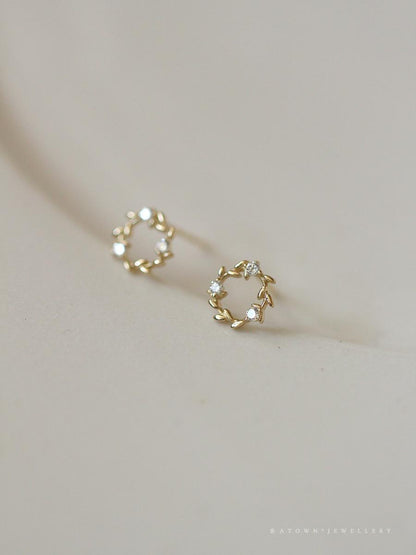 S925 Sterling Silver Gold-Plated Earrings for Women Zircon Branch Leaf Small Flower Ring Elegant Petite Floral Korean and Japanese Style Earrings