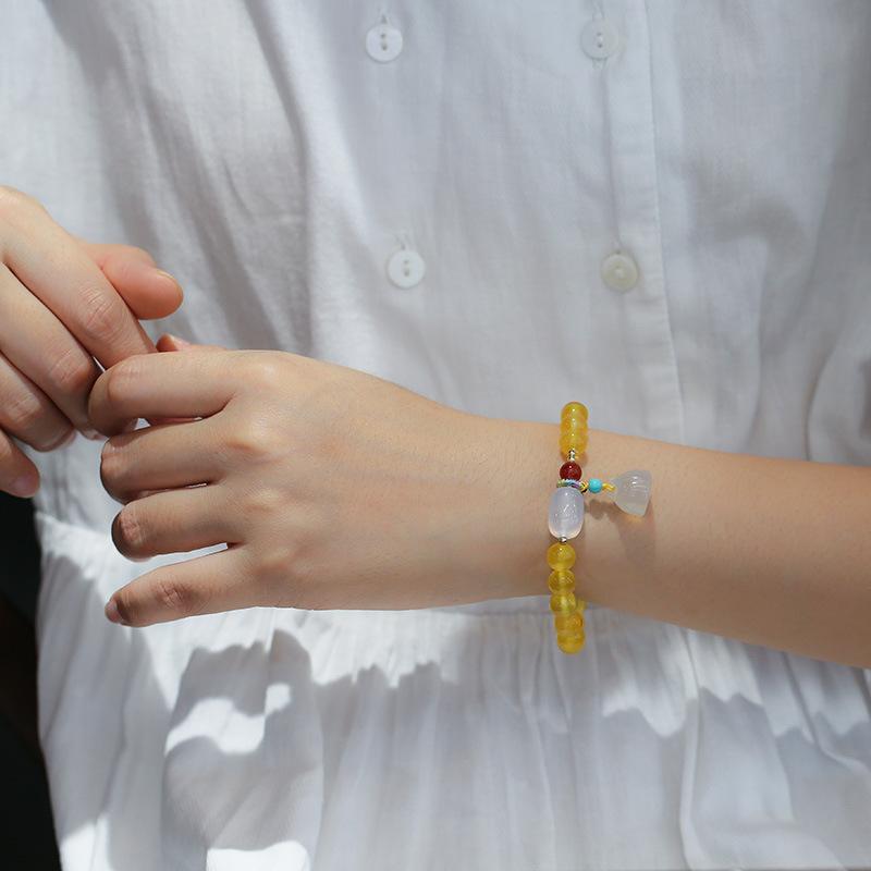 Natural 8MM Yellow Agate Bracelet White Chalcedony Barrel Beads Hanging Lotus Pod Bracelet Jewelry Hand Accessories Couple Best Friend Gift