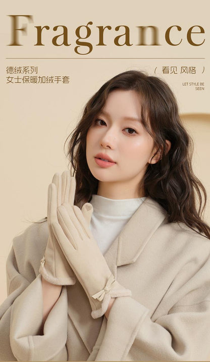 Autumn Winter Thermal Gloves for Women Outdoor Cold-Proof Fleece-Lined Warm Gloves Cute Bow Driving Gloves Touchscreen Compatible
