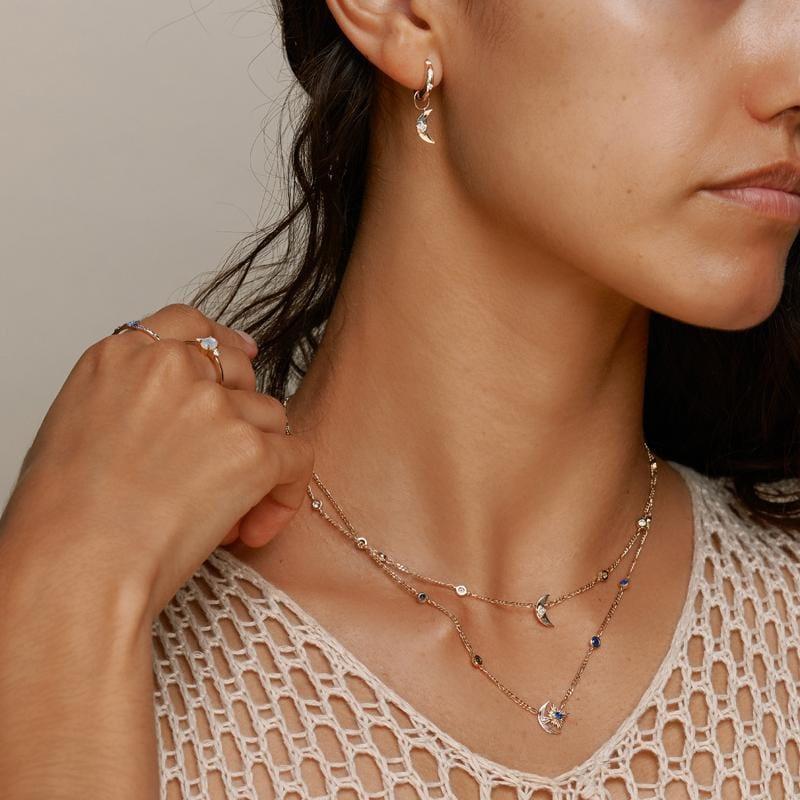 Artistic Retro Style Star Moon Sapphire Starburst Necklace Copper Electroplated 14K Gold