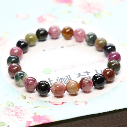Natural Tourmaline Bracelet for Women Tourmaline Round Beads Rainbow Color Single Circle Bracelet Crystal Jewelry Round Beads Best Friend Gift