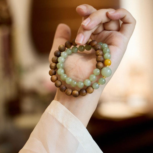 Agarwood Bracelet for Women, Natural Hetian Jade Beads, Double Circle Bracelet, New Chinese Style, Good Luck Beads Bracelet