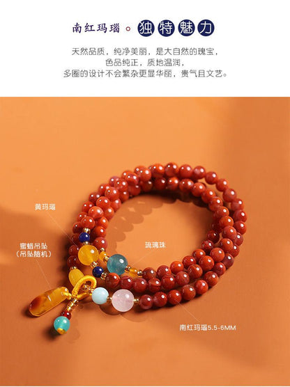 Natural Three-Circle Southern Red Agate Bracelet Amber Pendant Ethnic Style Multi-Circle Southern Red Agate Bracelet Unisex