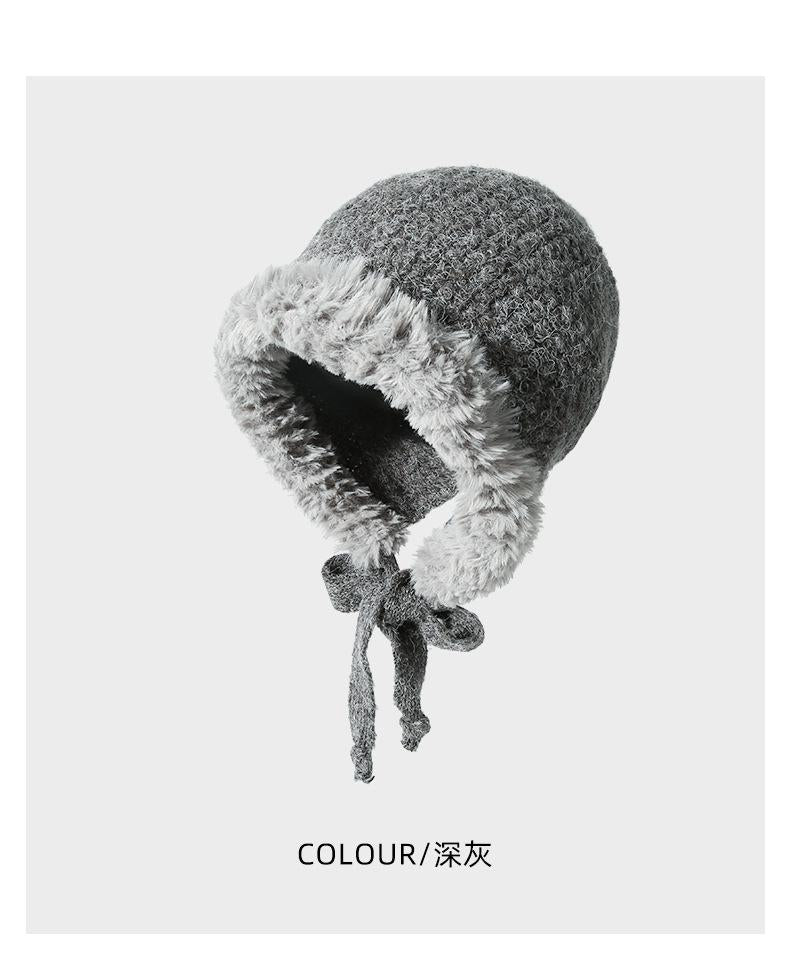 Autumn Winter Fluffy Ear Protection Knitted Hat for Women Large Head Circumference Cold-Proof Warm Wool Hat Color-Block Tie Head Wrap Hat