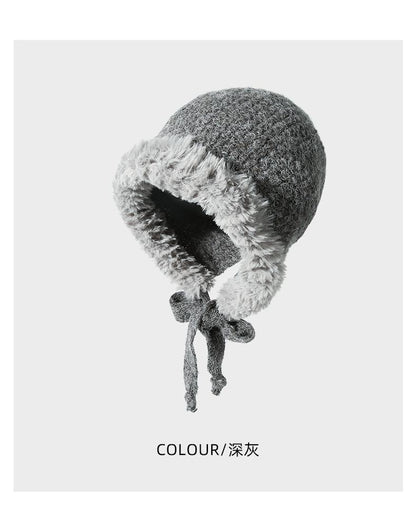 Autumn Winter Fluffy Ear Protection Knitted Hat for Women Large Head Circumference Cold-Proof Warm Wool Hat Color-Block Tie Head Wrap Hat