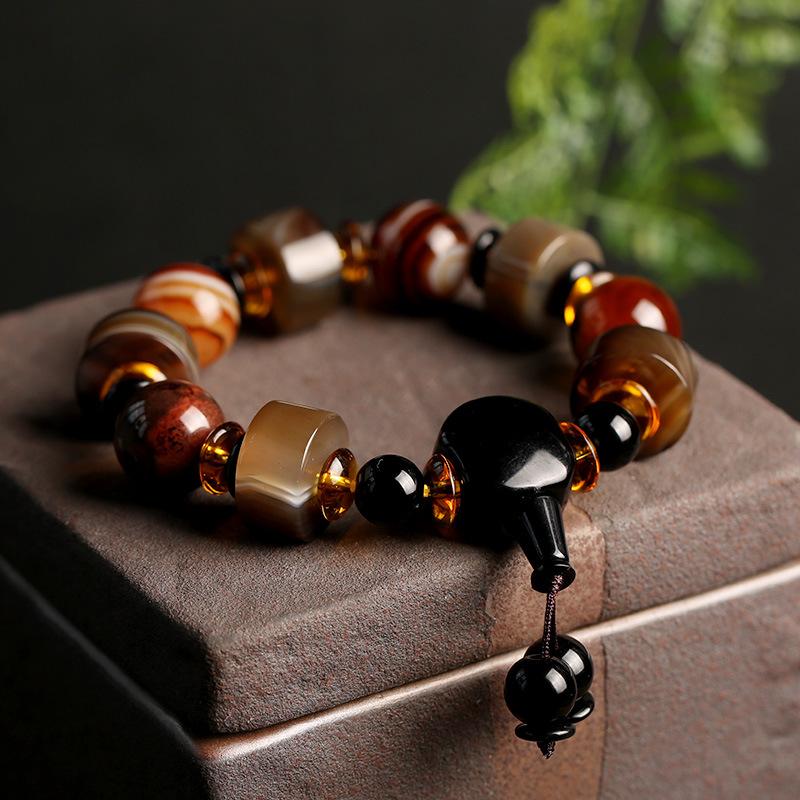 Original Natural Silk Wrapped Old Agate Bracelet Domineering Single Circle Men's Abacus Bead Bracelet Ethnic Style Gift Jewelry