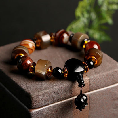 Original Natural Silk Wrapped Old Agate Bracelet Domineering Single Circle Men's Abacus Bead Bracelet Ethnic Style Gift Jewelry