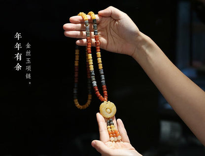 Qipao Beautifully Paired with Xinjiang Gold Silk Jade Sweater Chain Necklace Rose Blossom Prosperity Women's Clothing Hanging Chain Accessories Ethnic Style