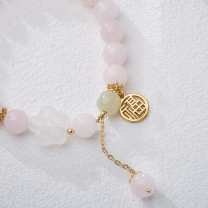 Original Rose Quartz Bracelet for Women Peach Blossom Pink Crystal Bracelet New Chinese Style Ancient Feng Fu Pendant Jewelry