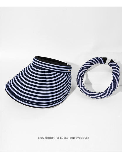 Striped Visor Hat for Women Summer Korean Style Wide Brim Sun Hat Striped Beach Hat Foldable Headband