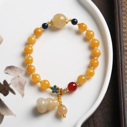 Natural Xinjiang Golden Silk Jade Yellow Bracelet Best Friend Gift Small Gourd Tassel Women's Round Bead Jade Bracelet