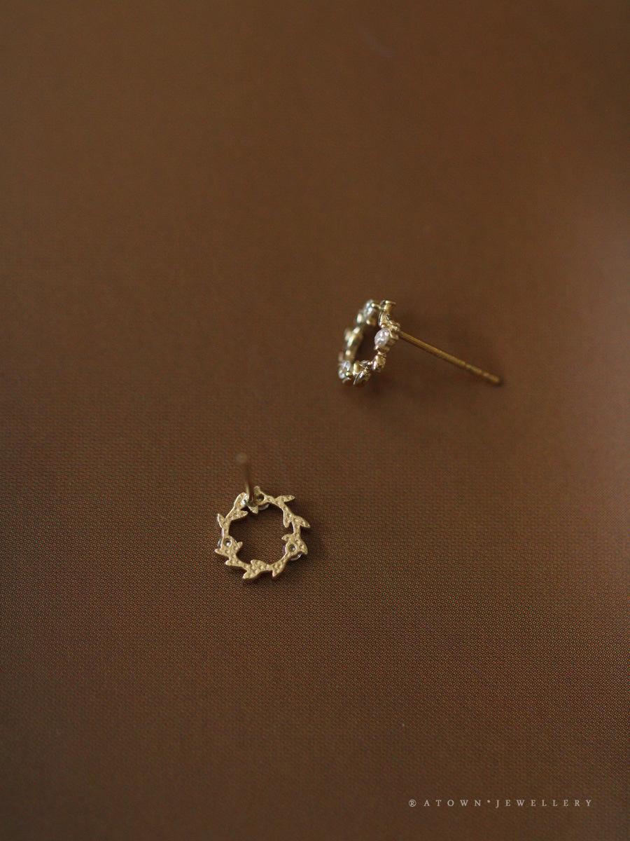 S925 Sterling Silver Gold-Plated Earrings for Women Zircon Branch Leaf Small Flower Ring Elegant Petite Floral Korean and Japanese Style Earrings