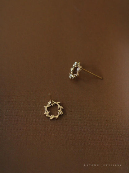 S925 Sterling Silver Gold-Plated Earrings for Women Zircon Branch Leaf Small Flower Ring Elegant Petite Floral Korean and Japanese Style Earrings
