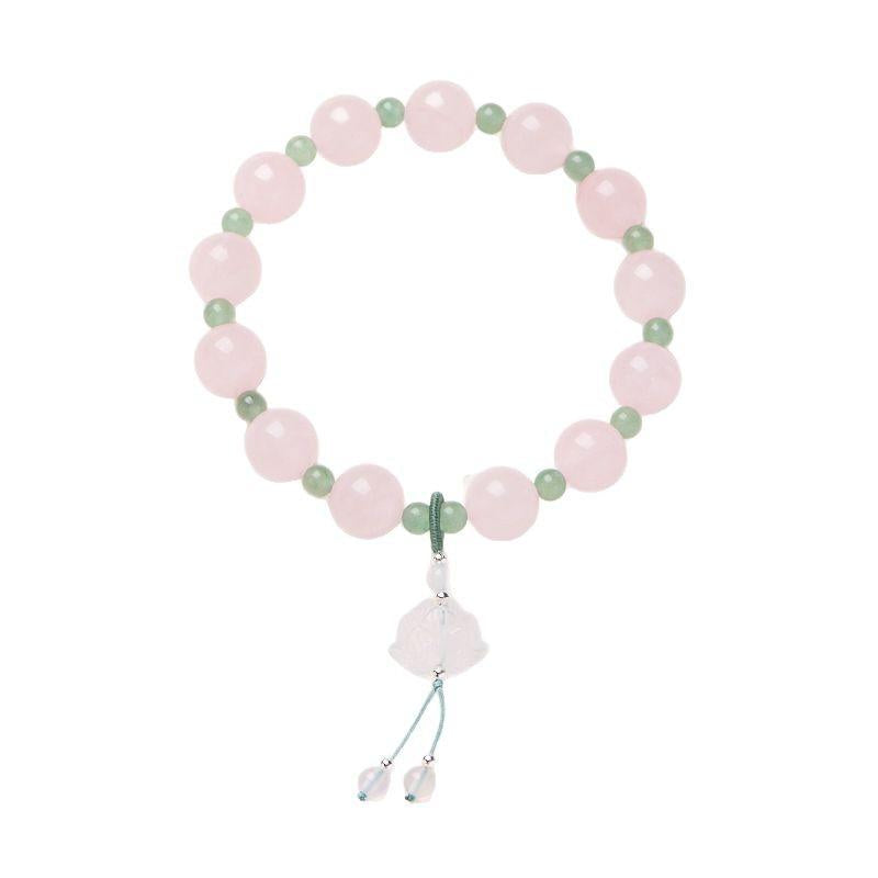 Natural 10MM Rose Quartz Bracelet for Women, Curved Courtyard Style Lotus Pink Crystal Good Luck Lotus Bead Bracelet
