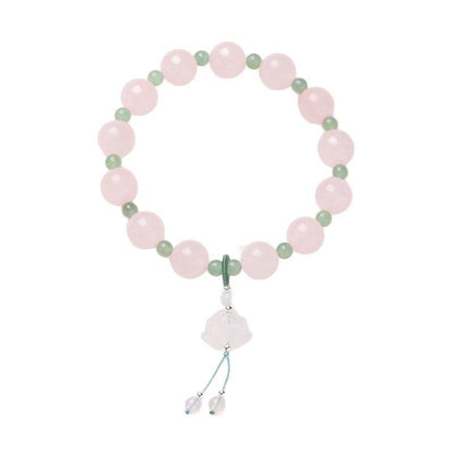 Natural 10MM Rose Quartz Bracelet for Women, Curved Courtyard Style Lotus Pink Crystal Good Luck Lotus Bead Bracelet