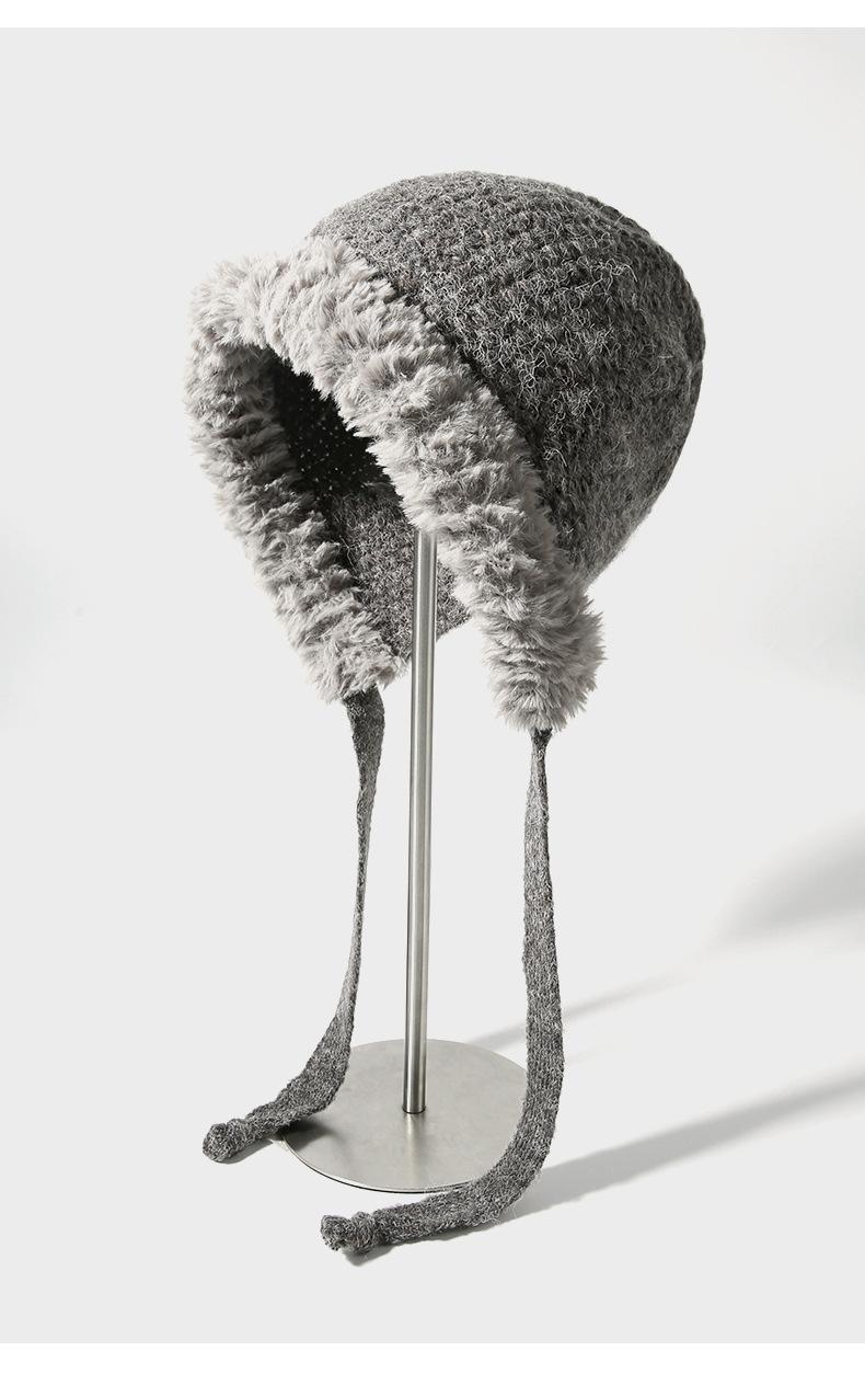 Autumn Winter Fluffy Ear Protection Knitted Hat for Women Large Head Circumference Cold-Proof Warm Wool Hat Color-Block Tie Head Wrap Hat