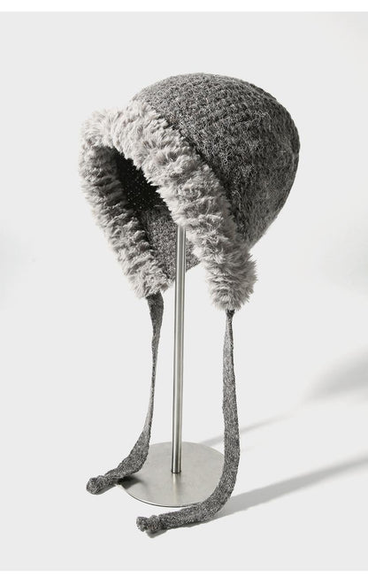 Autumn Winter Fluffy Ear Protection Knitted Hat for Women Large Head Circumference Cold-Proof Warm Wool Hat Color-Block Tie Head Wrap Hat