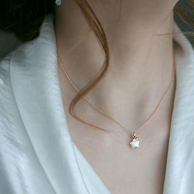 Polaris S925 Silver Plated 18K Gold Iridescent White Mother-of-Pearl Simple Aesthetic Style Ins Internet Celebrity Collarbone Pure Silver Necklace