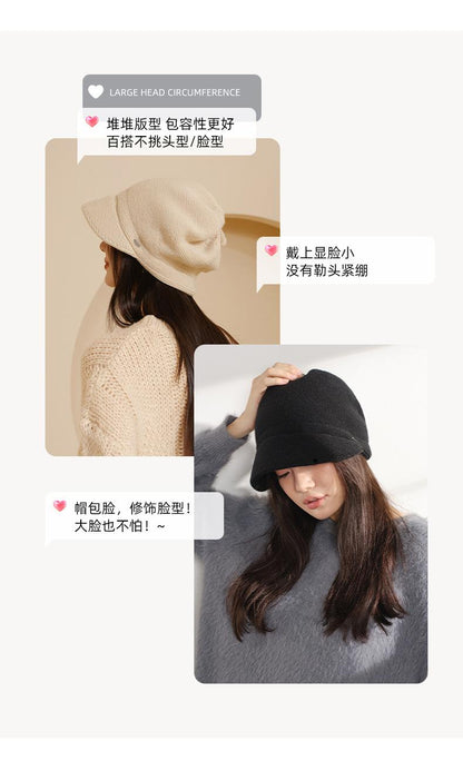 Autumn Winter Warm Knitted Hat for Women Simple Large Head Circumference Bare Face Hat Korean Style Face Covering Versatile Slouchy Hat Double Layer Wool Hat