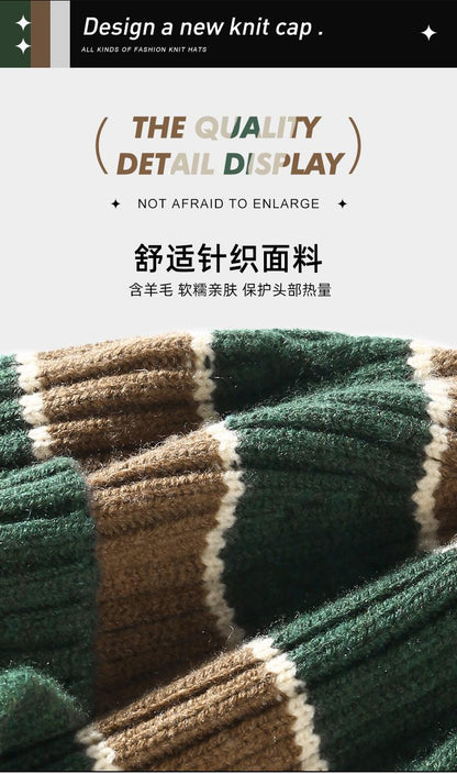 Autumn Winter Color-Block Knitted Hat for Women Outdoor Warm Versatile Wool Hat Trendy Cool Beanie Large Head Circumference Hat
