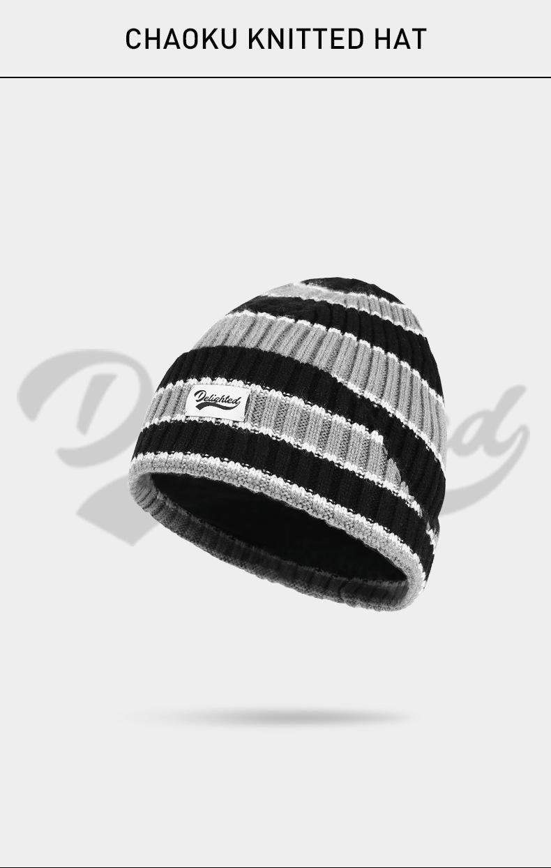 Autumn Winter Color-Block Knitted Hat for Women Outdoor Warm Versatile Wool Hat Trendy Cool Beanie Large Head Circumference Hat