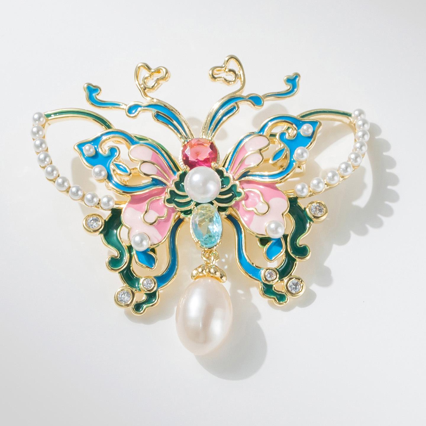 Xiliang Fei Fashion High-End Chinese Style Enamel Painted Butterfly Brooch Natural Pearl Insect Accessory Brooch
