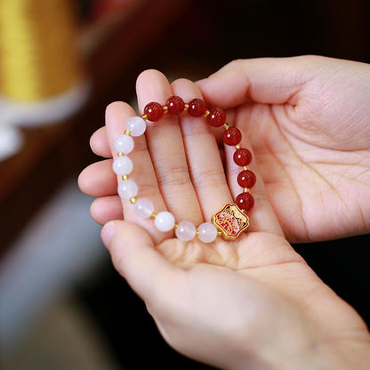 Natural Double Red Agate White Agate Nian Beast Bracelet for Women Lion Dance Accessory Agate Bead Jewelry