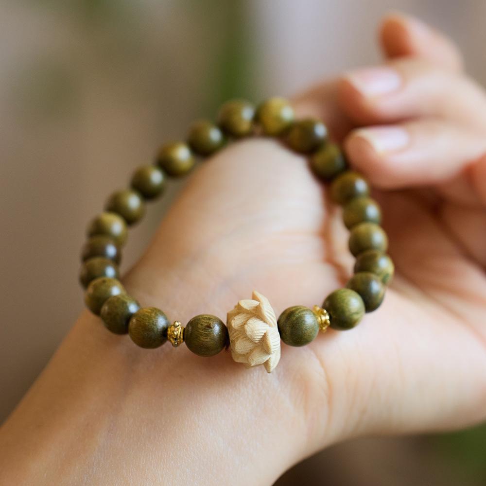 Original Green Sandalwood Bracelet for Female Students, Soft on Fingers, Men's Cultural Play, Buddhist Beads, Sandalwood, Lotus Flower Bracelet, Peripheral Accessories
