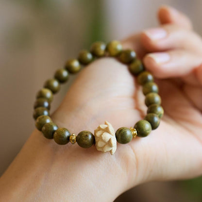 Original Green Sandalwood Bracelet for Female Students, Soft on Fingers, Men's Cultural Play, Buddhist Beads, Sandalwood, Lotus Flower Bracelet, Peripheral Accessories