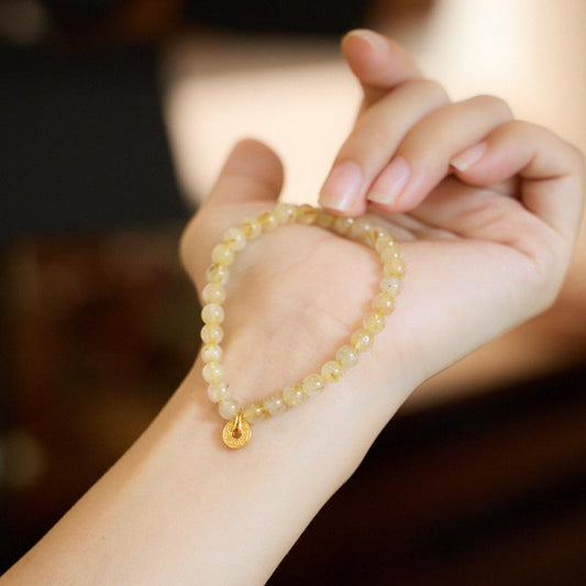 Natural 6MM Golden Rutilated Quartz Bracelet for Women, Attracting Wealth Coin Bracelet, High-End New Chinese Style Crystal Bracelet