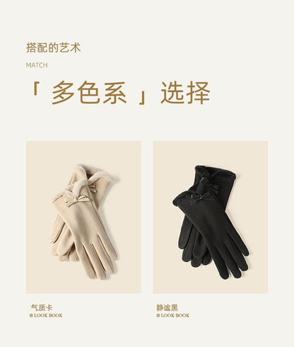 Autumn Winter Thermal Gloves for Women Outdoor Cold-Proof Fleece-Lined Warm Gloves Cute Bow Driving Gloves Touchscreen Compatible