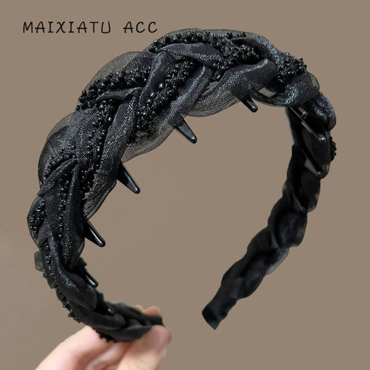 Matte Style Hepburn Style 4cm Wide Braided Hairband to Cover Gray Hair and Hairline, Shiny Headband for High Crown