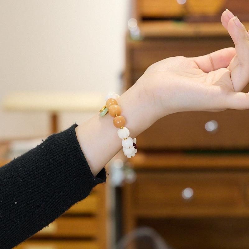 Lingyin Blessing Natural White Jade Bodhi Pumpkin Bracelet Good Luck Cinnabar Lotus Bracelet Temple Same Style Gift