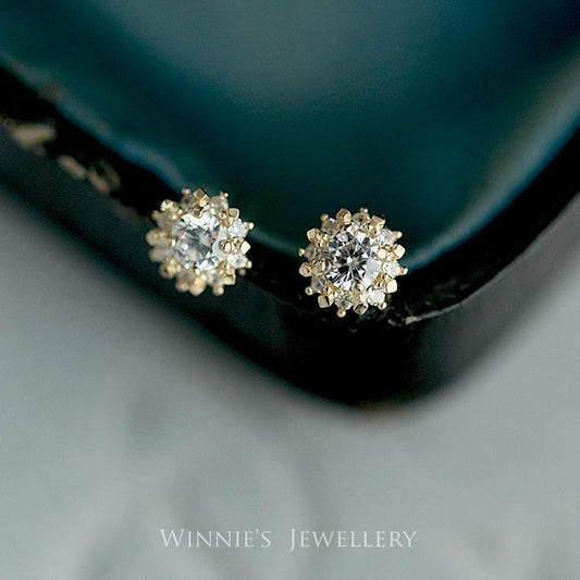 925 Sterling Silver 14k Gold Plated Earrings Warm Little Sun Gorgeous Vintage Palace Style Zircon Mini