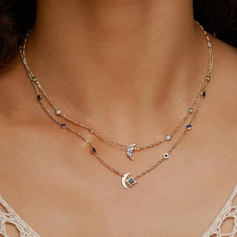 Artistic Retro Style Star Moon Sapphire Starburst Necklace Copper Electroplated 14K Gold