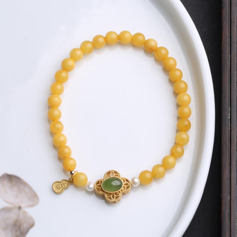 Natural Chicken Fat Yellow Beeswax Buddha Beads Bracelet for Women Amber Hetian Jade Single Circle Bracelet Retro Chinese Style Design
