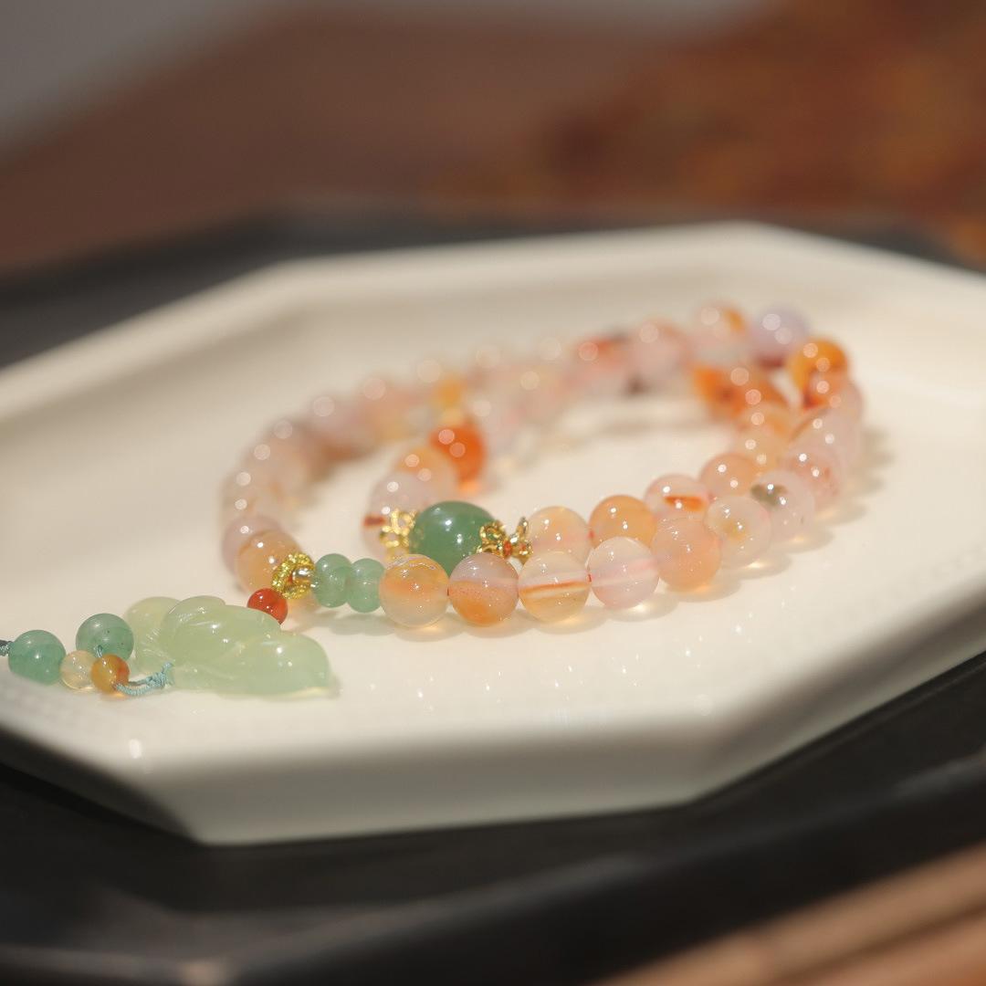 Natural 8MM Red Agate Bracelet for Women, Xiuyan Jade Lotus Cherry Blossom Agate Beaded Necklace, Dual-use Style