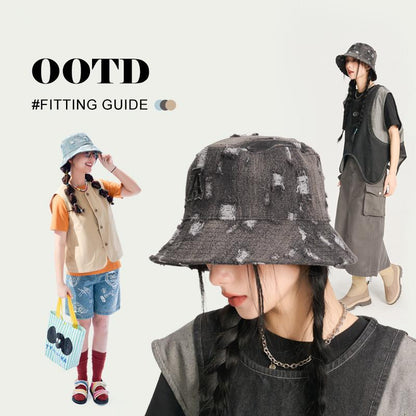 Spring Summer Denim Fisherman Hat for Women, Unique Trendy Distressed Sun Hat for Men, Korean Fashion Face-Slimming Bucket Hat