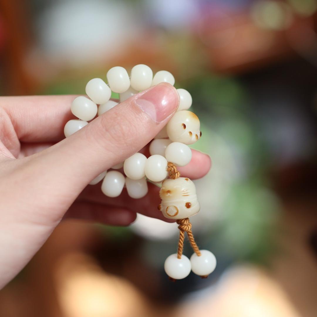 White Jade Bodhi Root Bracelet, Fired Cat Paw Bodhi Seed Bracelet, High Polished Single Circle Buddha Beads, Cultural Game Prayer Beads